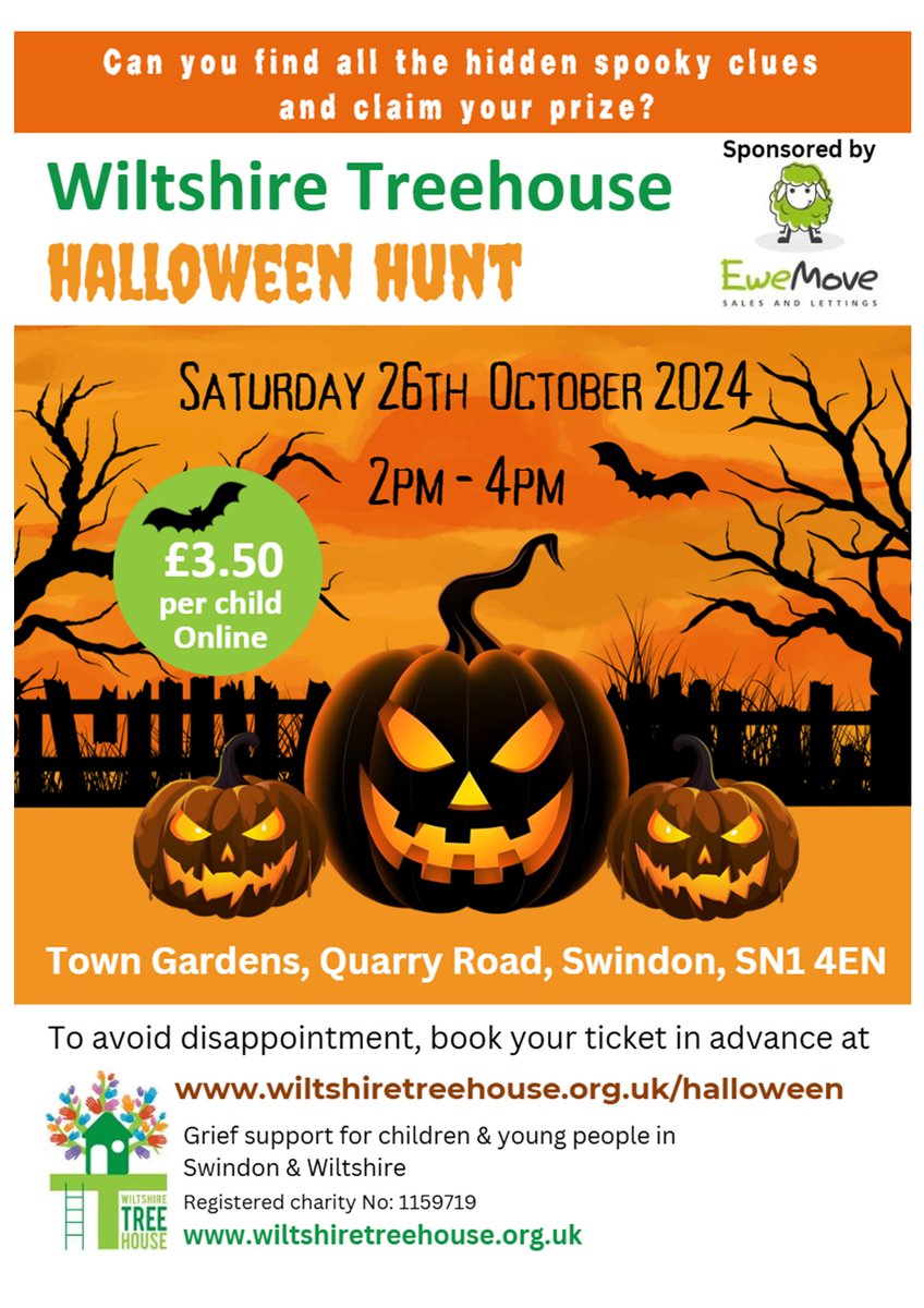 Join Wiltshire Treehouse for their Halloween Hunt on Saturday 26th October in Old Town, Swindon! To book your tickets at the reduced online price of £3.50 visit wiltshiretreehouse.org.uk/halloween