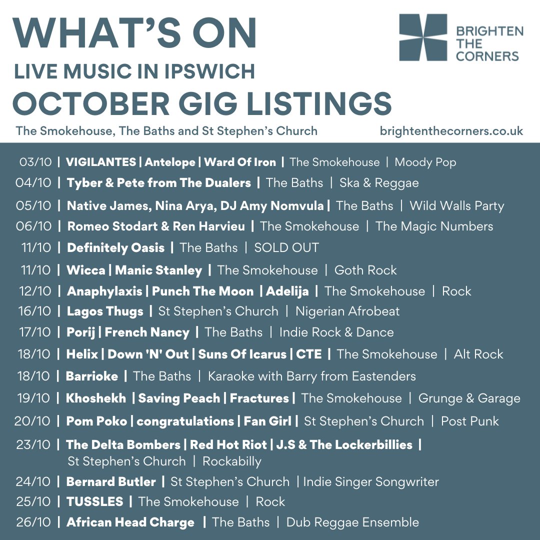 Ipswich Entertains (@ipswichents) on Twitter photo There are lots of fantastic live music gigs coming up in Ipswich this month! With Indie, rap, afrobeat, rock, reggae and more, there will be something for everyone. 🎸
Visit <a href="/BTCipswich/">Brighten The Corners</a> to see what's on: brightenthecorners.co.uk/whats-on There are lots of fantastic live music gigs coming up in Ipswich this month! With Indie, rap, afrobeat, rock, reggae and more, there will be something for everyone. 🎸
Visit <a href="/BTCipswich/">Brighten The Corners</a> to see what's on: brightenthecorners.co.uk/whats-on
