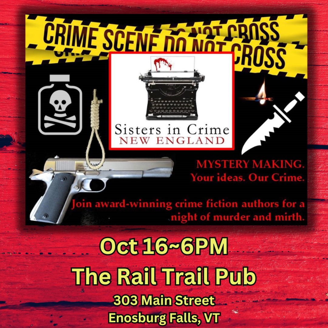 Oct 16th. Join us at the  The Rail Trail Pub  in Enosburg for a fun, relaxing, interactive evening of mystery making. Trish Esden, <a href="/SLeeManning1952/">S. Lee Manning</a>, DonnaRae Menard, and JB Manning
<a href="/SINCnational/">Sisters In Crime</a>
<a href="/SinCNE/">SinCNE</a>
<a href="/crookedlanebks/">Crooked Lane Books</a>
<a href="/levelbestbooks/">Level Best Books</a>
<a href="/encirclepub/">Encircle Publications</a>
facebook.com/events/5031980…