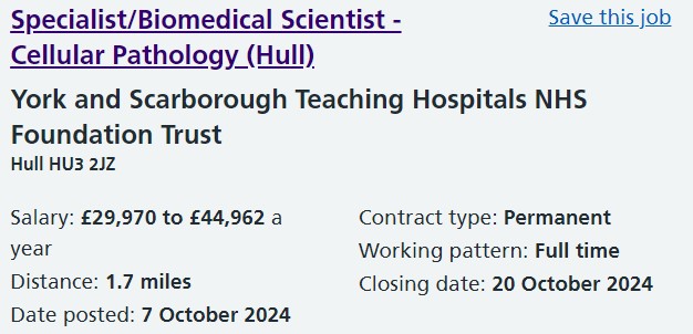 We have an exciting opportunity to join our Cellular Pathology team in Hull.  Fort further information and to apply click here tinyurl.com/3y5wsshv