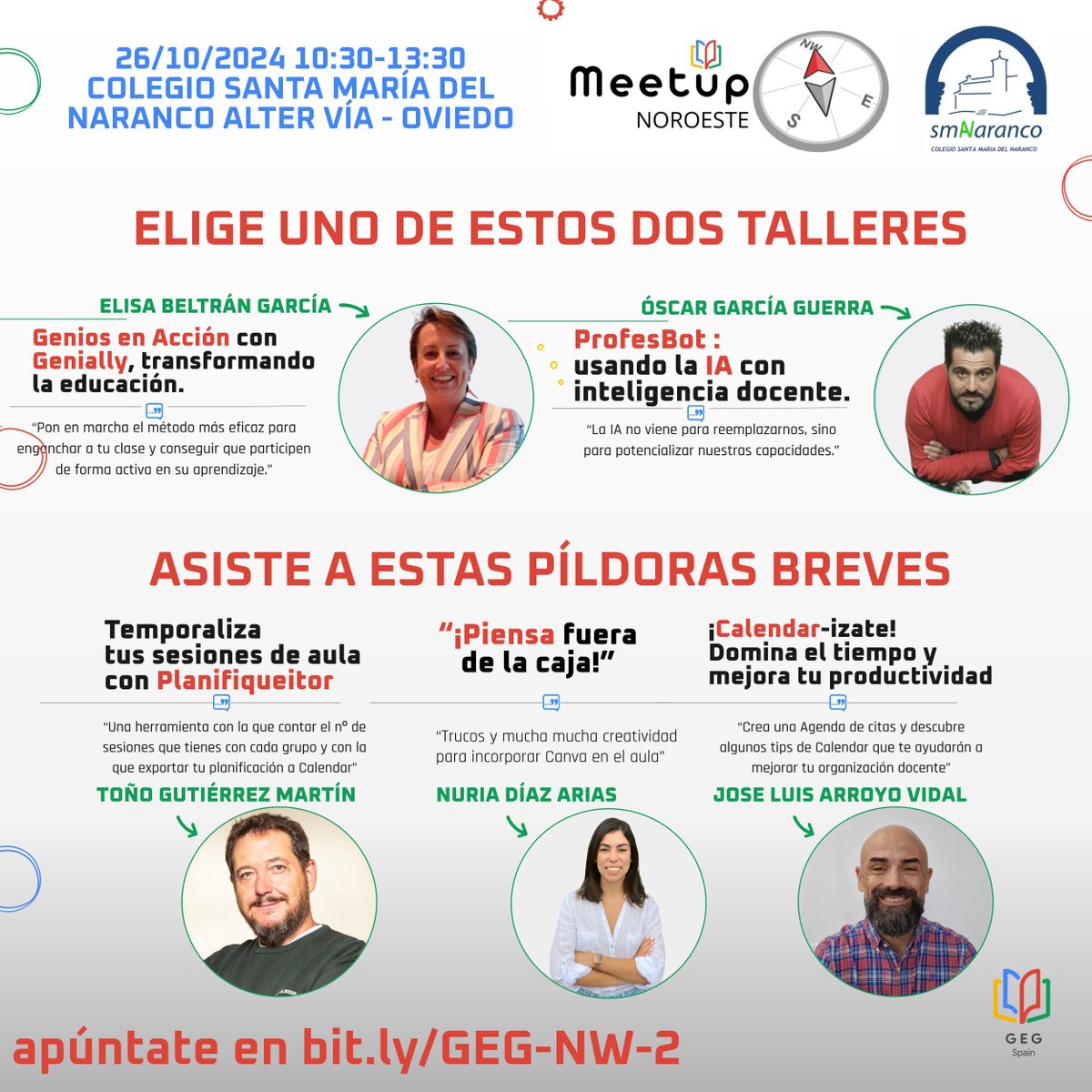 ¡Atención docentes! ‍‍ ¿Usas tecnología en el aula?
¡No te pierdas el 2º Meetup Noroeste!  5 profes compartirán sus mejores tips
🗓️26 Octubre
⌚️10:30-13:30h
<a href="/GEGSpain/">GEG Spain</a>  <a href="/elisabeltrang/">ELISA BELTRÁN</a> 
¡Reserva hoy tu plaza!18h
smnaranco.org/v_portal/infor…
#MeetupNoroeste #docentes #tecnologiaeducativa