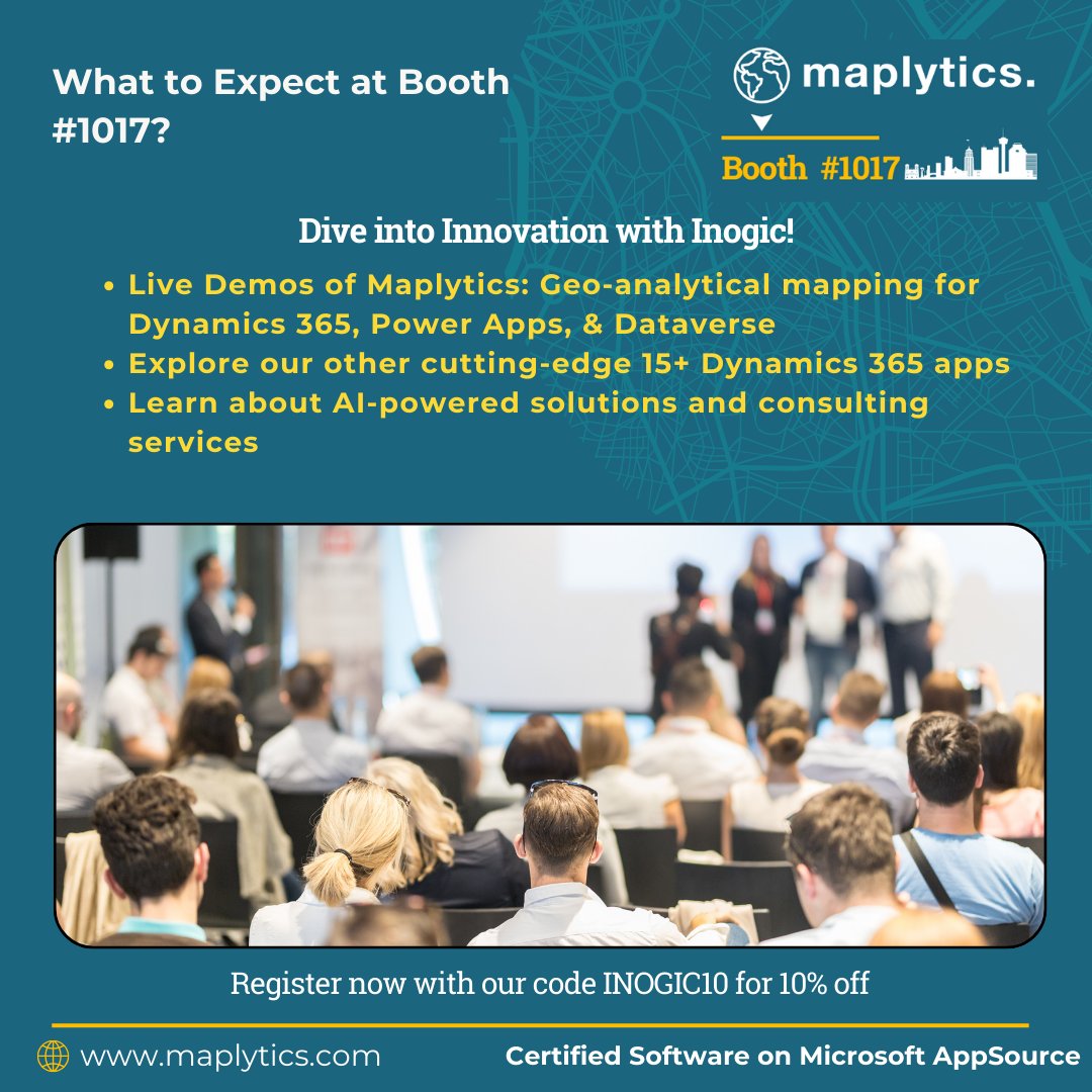 inogic's tweet image. 🚀🚀🚀
Meet Team #Maplytics at Booth 1017 at #SummitNA in #SanAntonio &amp;amp; get hands-on with live demos from Oct 13-17th
Join our #PartnerSolutionShowcase on Oct 15th at 10:45 AM CT to see how Maplytics transforms #Dynamics365 with geo-analytics.
#MySummitNA @D365Communities