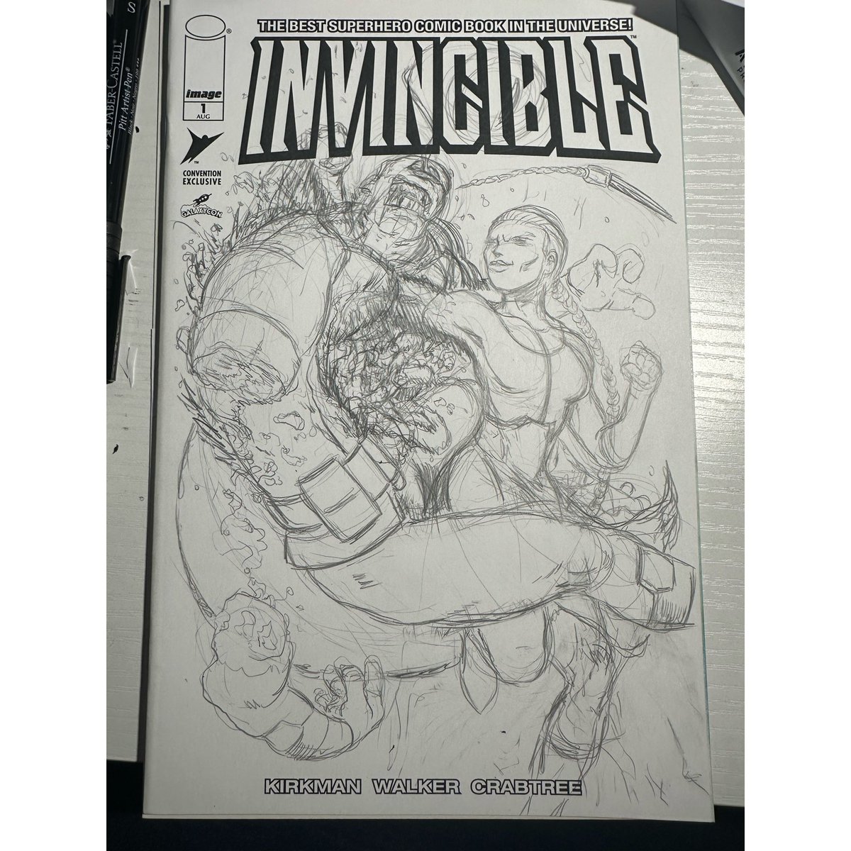 jeremyhyler's tweet image. A new sketch cover completed. Invincible is once again on the plate, but this time Allen the Alien is the one getting decimated. @InvincibleHQ @imagecomics @skyboundent @RyanOttley @RobertKirkman @Sethrogen #allenthealien #commission #sketchcover #invincible