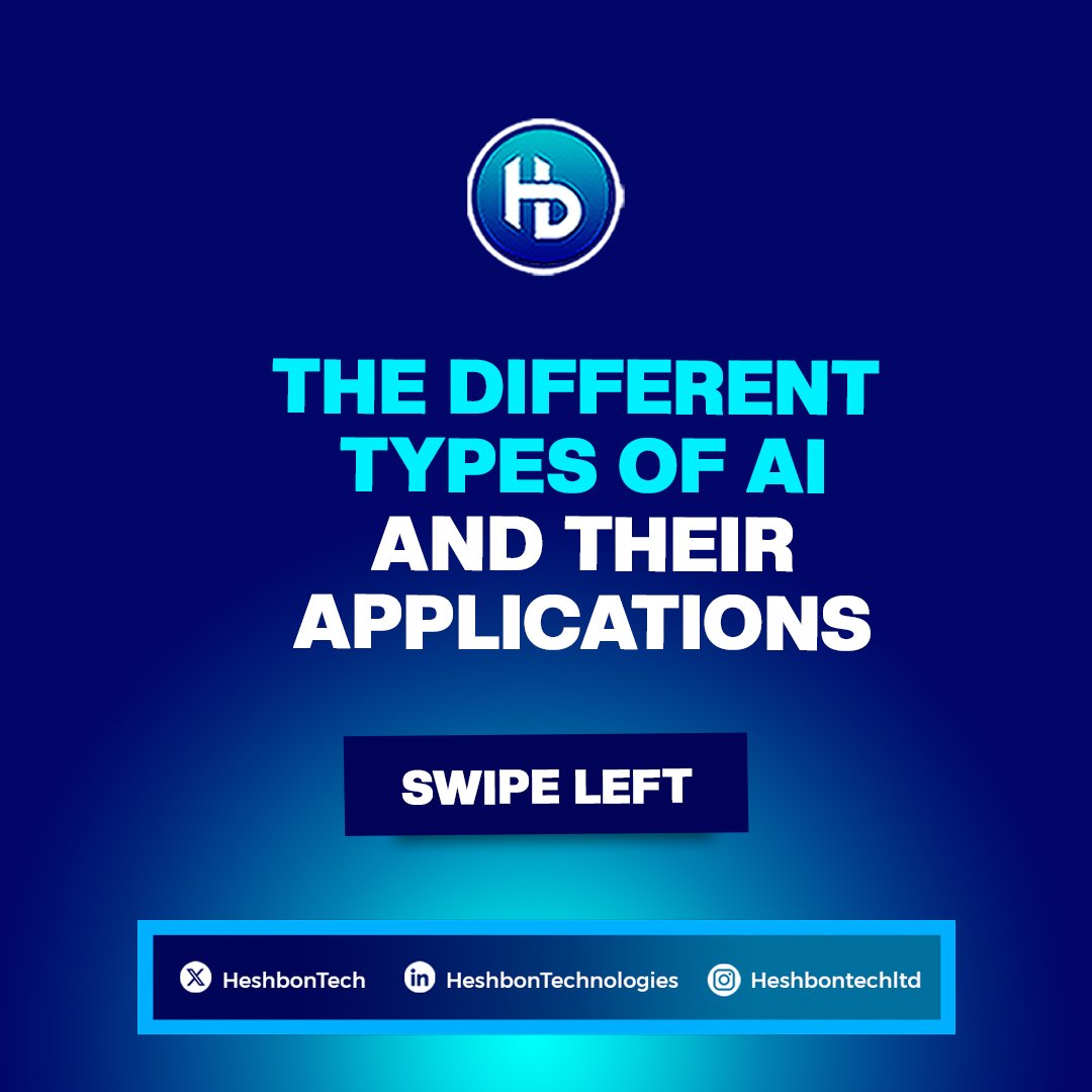 HeshbonTech's tweet photo. Here are some types of artificial intelligence and their various applications.

#heshbontechnologies #softwaredeveloper #techDreams #explorepage #nigeriafintechweek #explore https://t.co/jQ3jMSYpx0