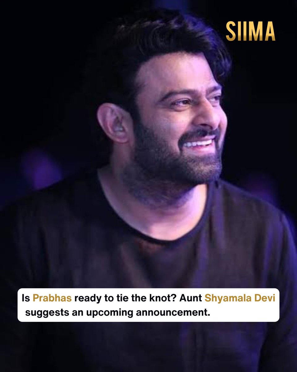 siima's tweet photo. #Prabhas's aunt, Shyamala Devi, recently sparked excitement by hinting at his possible wedding plans during a media interaction at Kanaka Durga Temple in Vijayawada. 

While she mentioned that an announcement about the much-anticipated wedding will be made soon, she kept details about the bride-to-be under wraps. Shyamala shared that the family is waiting for the “right” time, and they feel the presence of legendary actor Krishnam Raju watching over them. Fans are abuzz with speculation, despite Prabhas previously denying immediate wedding plans, saying he didn’t want to disappoint his female fans.✨

#PrabhasWeddingBuzz #FamilyBlessings #KrishnamRajuLegacy #Prabhas #siima