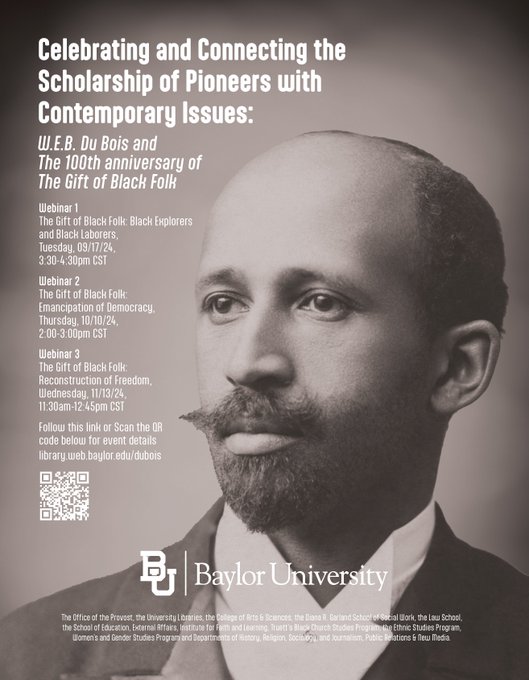 EarlWrightII's tweet photo. 🚨Want to learn more about the non-college educated members of Du Bois’ Talented Tenth 🚨

Join Korie Edwards (Ohio State), Thomas Hibbs (Baylor), moderator, Patricia Wilson (Baylor) &amp; me tomorrow at 2 CST for the webinar “The Emancipation of Democracy.”

Scan the QR code below! https://t.co/QnU7gYTXfF