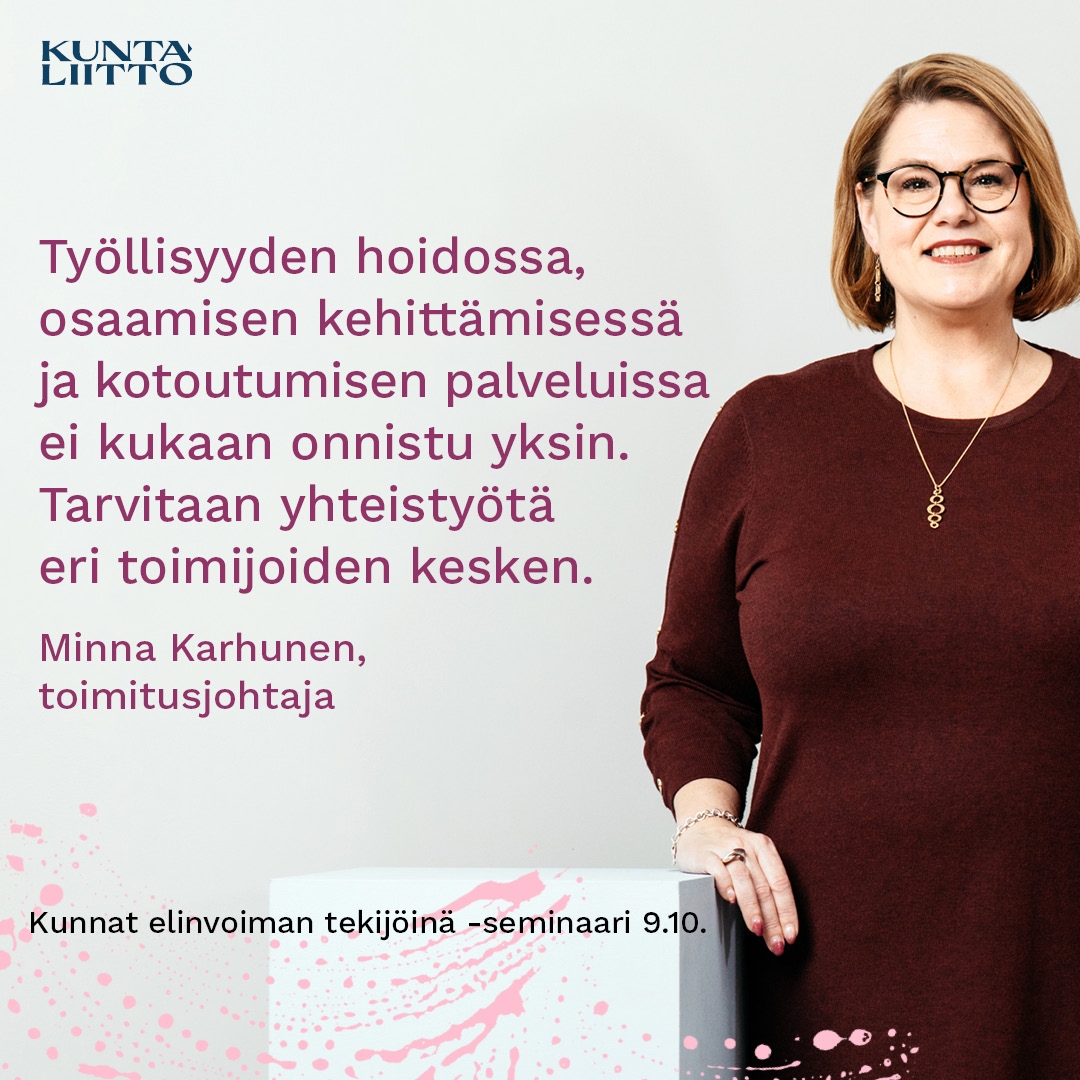 Kuntaliitto | Kommunförbundet (@kuntaliitto) on Twitter photo ✨Elinvoima rakentuu yhteistyöllä ✨
"Kunnat luovat alustan, jolla eri kumppanit toimivat. Työllisyyteen liittyvät toimet tehdään kunnissa, huomioiden paikalliset tarpeet. Toteutustavat voivat olla erilaisia, mutta kaikki oikeita". <a href="/MinnaKarhunen/">Minna Karhunen</a> <a href="/FCG_Group/">FCG Finnish Consulting Group</a> #elinvoimantekijät ✨Elinvoima rakentuu yhteistyöllä ✨
"Kunnat luovat alustan, jolla eri kumppanit toimivat. Työllisyyteen liittyvät toimet tehdään kunnissa, huomioiden paikalliset tarpeet. Toteutustavat voivat olla erilaisia, mutta kaikki oikeita". <a href="/MinnaKarhunen/">Minna Karhunen</a> <a href="/FCG_Group/">FCG Finnish Consulting Group</a> #elinvoimantekijät