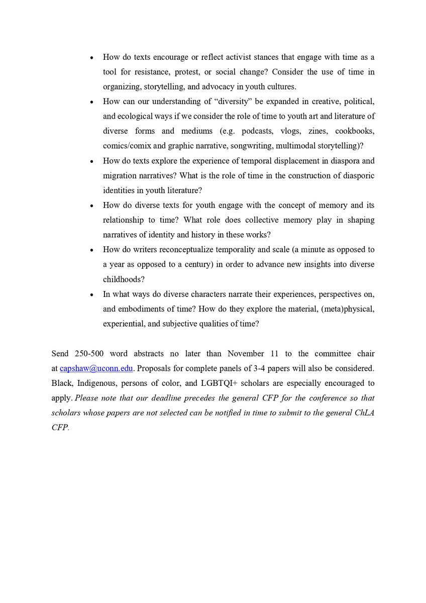 Int'l Research Society for Children's Literature (@irscl_news) on Twitter photo #CFP: Diversity Committee of the Children’s Literature Association
“One Day and Someday and Now”: Exploring Time in Diverse Youth Literatures
Virtual Conference, June 9-14, 2025
Submission deadline for proposals: November 11th, 2024
Email: capshaw@uconn.edu
<a href="/chlatweets/">Children's Lit Assoc</a> #CFP: Diversity Committee of the Children’s Literature Association
“One Day and Someday and Now”: Exploring Time in Diverse Youth Literatures
Virtual Conference, June 9-14, 2025
Submission deadline for proposals: November 11th, 2024
Email: capshaw@uconn.edu
<a href="/chlatweets/">Children's Lit Assoc</a>
