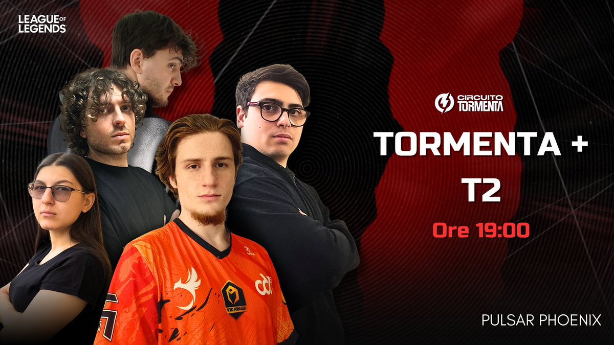 Tormenta + T2 | <a href="/SomosLaTormenta/">Circuito Tormenta</a> <a href="/QLASH_Events/">QLASH Eventi 🇮🇹</a> 
📅 09.10.2024
🕖 19:00 

PULSAR PHOENIX 🐦‍🔥 <a href="/phoenix_egame/">Phoenix E-game</a>

👤 SAIKO
👤 WHITEWOLF 
👤 TRAGEDY
👤 SANDRO
👤 MR 3RD SHOT 

Are you ready!? 😎

#Tormenta #eSports #lol #LeagueOfLegends #stasera #PulsarPhoenix