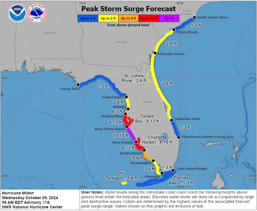 NHC_Surge's tweet image. 10/9 8am EDT: A large area of destructive storm surge from #Milton is expected along portions of the west coast of Florida. If you are in the Storm Surge Warning area, this is an extremely life-threatening situation & you should evacuate if ordered to do so by local officials.