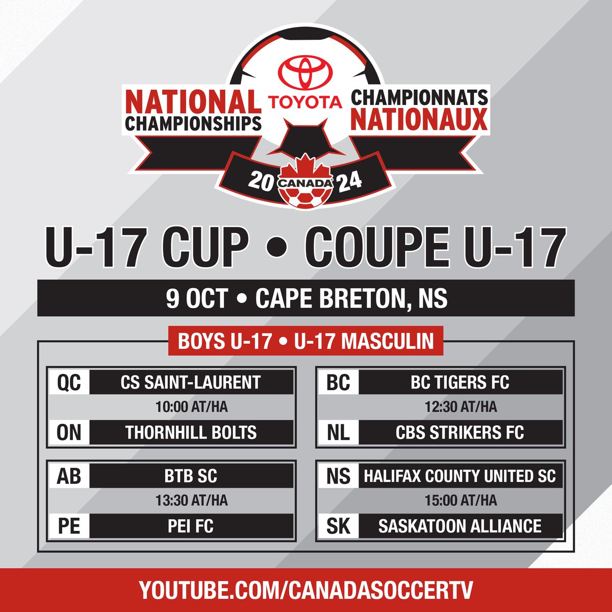 CanadaSoccerNC's tweet photo. The Toyota National Championships are underway!
Hereโs todayโs schedule for the U17 Cup in Cape Breton, NS
โโ
Les championnats nationaux Toyota commencent !
Voici le programme dโaujourdโhui pour la Coupe U17 au Cap-Breton (Nouvelle-รcosse)
#NatChamps https://t.co/Y82oCHcVeY
