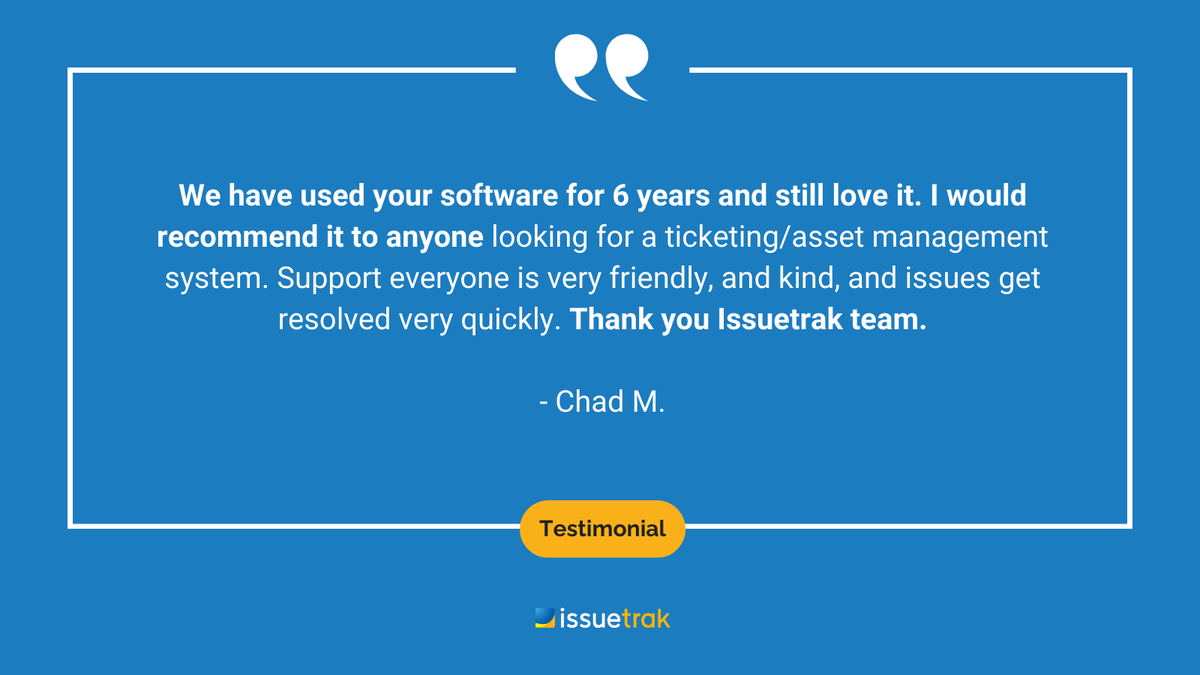 Issuetrak's tweet image. Our customers love how Issuetrak makes issue management and support seamless, flexible, and efficient. We're proud to be your trusted partner, and we're always here to help! 
#HelpDeskSolutions #ComplaintManagement #ServiceDesk