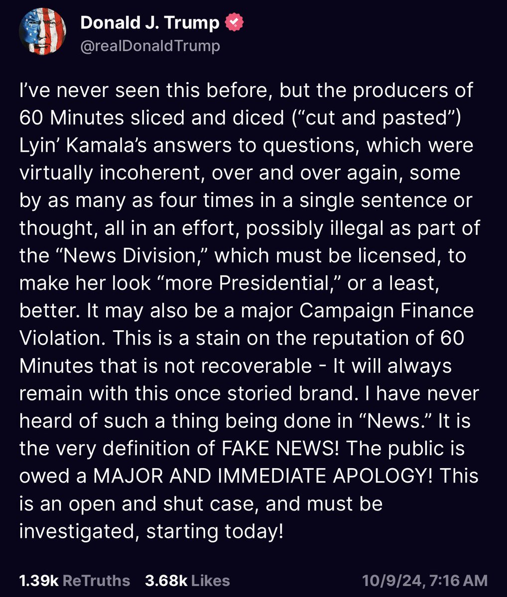 Trump now threatens the broadcast license of another media company, this time CBS and 60 Minutes. He has now threatened to go after NBC, ABC &amp; CBS if elected, while each of them continue to treat him as a sane and normal candidate.