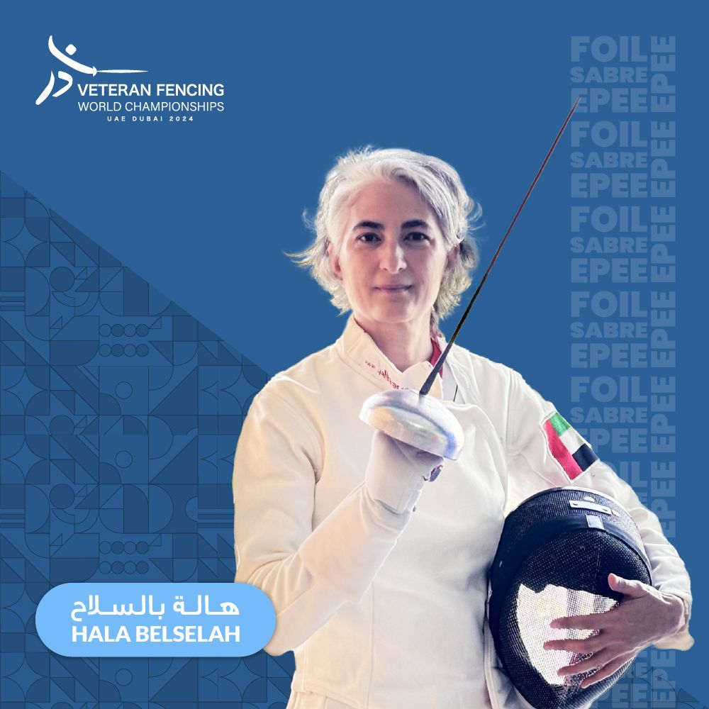 Hala Belselah is the first female athlete to represent the UAE in the Veteran Fencing World Championships, which will be held at Hamdan Sports Complex in Dubai from October 11 to 17, 2024. She is the only Arab female athlete competing in this prestigious championship.