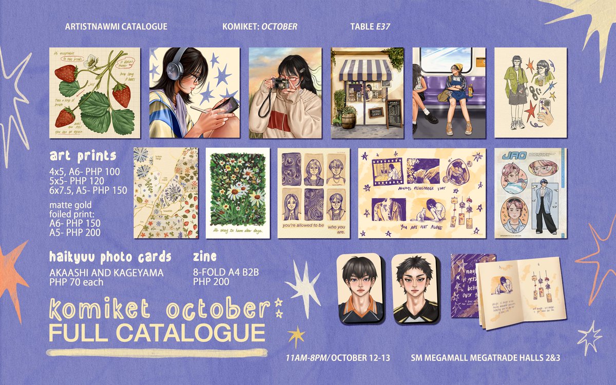 artistnawmi's tweet photo. hello ⭑.ᐟ

inviting you this weekend to KOMIKET OCTOBER! come by and support your local artists!🎐⛅️

𓇼 Komiket October 
𓇼 Oct. 12-13; 11AM - 8PM
𓇼 SM Megamall Megatrade Halls 2&amp;3
𓇼 Entrance Fee: Php100

here's my catalogue!! table E37, see you! ☆ https://t.co/nTaeBnGqlc