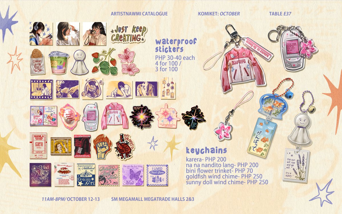 hello ⭑.ᐟ

inviting you this weekend to KOMIKET OCTOBER! come by and support your local artists!🎐⛅️

𓇼 Komiket October 
𓇼 Oct. 12-13; 11AM - 8PM
𓇼 SM Megamall Megatrade Halls 2&amp;3
𓇼 Entrance Fee: Php100

here's my catalogue!! table E37, see you! ☆