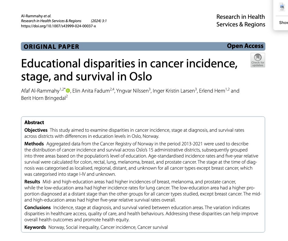 We are pleased to announce that Afaf Al-Rammahy and co-authors have won the Early Career Researchers' Prize for their article on educational disparities in cancer outcomes in Oslo. ➡️ link.springer.com/journal/43999/… #HealthResearch #EarlyCareerResearchers #regionalvariation #healthcare