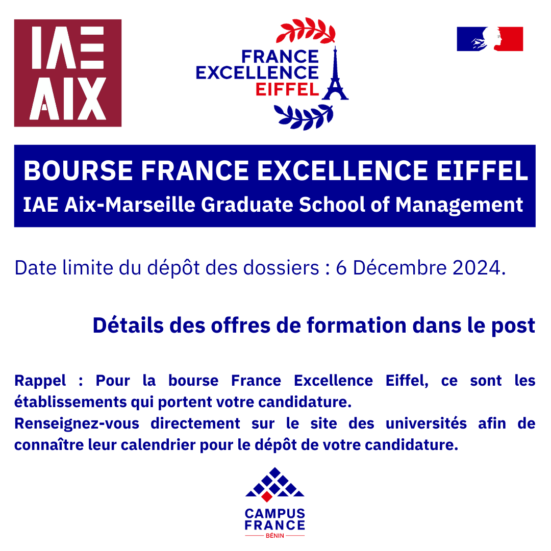 𝐁𝐨𝐮𝐫𝐬𝐞𝐬 𝐅𝐫𝐚𝐧𝐜𝐞 𝐄𝐱𝐜𝐞𝐥𝐥𝐞𝐧𝐜𝐞 𝐄𝐢𝐟𝐟𝐞l #IAE @univamu #Marseille Graduate School of Management. La date limite du dépôt des dossiers présentés par l'établissement à Aix Marseille Université est le 6 Décembre 2024