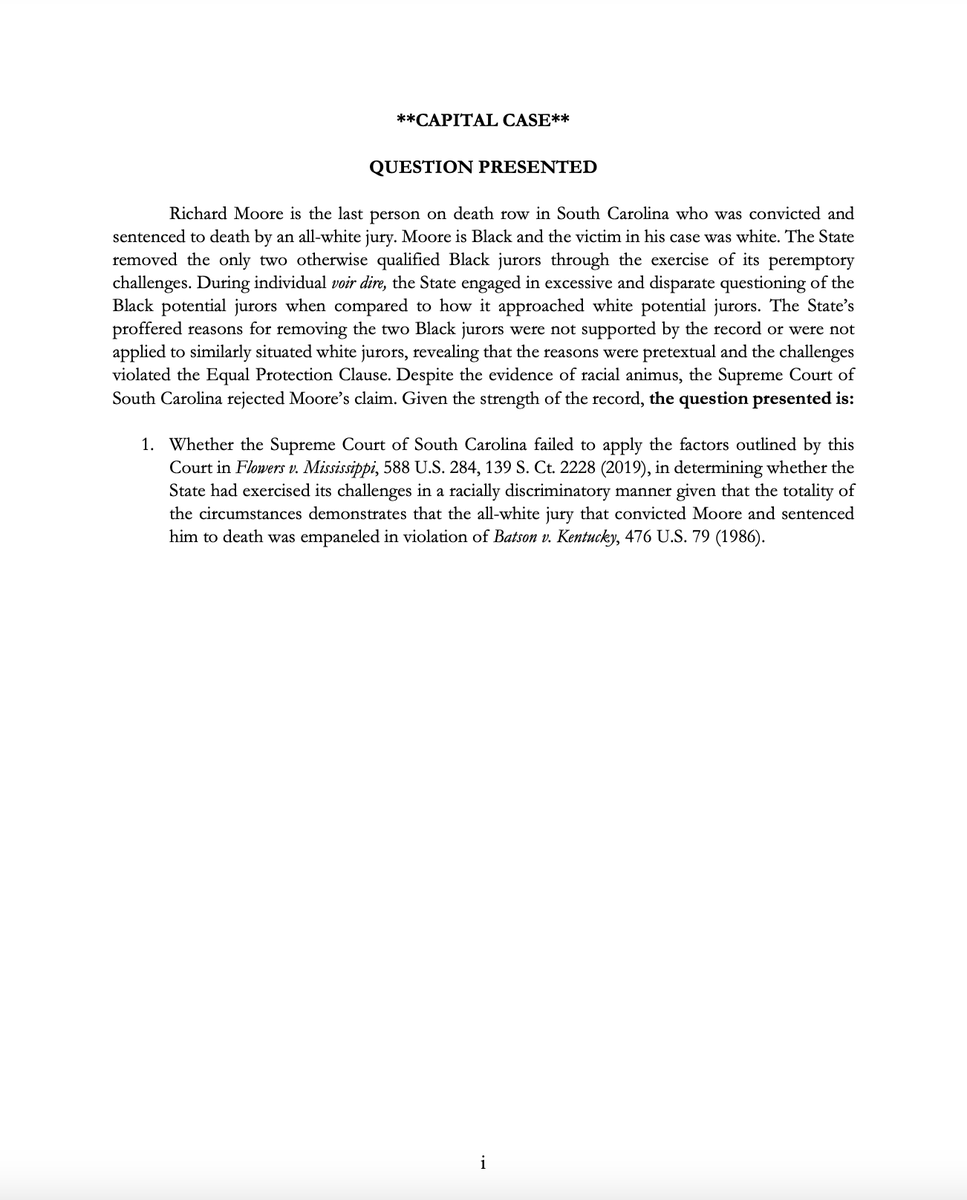 Here is a link to the cert petition Richard Moore's lawyers filed in the Supreme Court and the question he presented to SCOTUS in that petition. supremecourt.gov/DocketPDF/24/2… <a href="/justice360sc/">Justice 360</a> <a href="/LindseySV/">Lindsey Vann</a> @JBCornellLaw <a href="/NAACP_LDF/">Legal Defense Fund</a> <a href="/southerncenter/">Southern Center for Human Rights</a> <a href="/eji_org/">Equal Justice Initiative</a> <a href="/SCADeathPenalty/">SCADP</a> #SouthCarolina