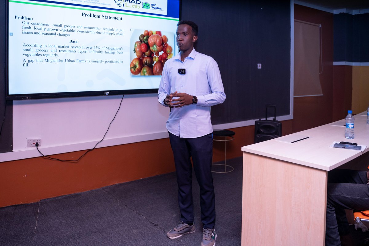 SIMADiLab's tweet photo. Mogadishu Urban Farms is on stage at BIC Somalia Sales Pitch Day, showcasing their mission to grow fresh, locally sourced vegetables, and aiming to lead Somalia's market with affordable #BICSomalia #SIMADiLabians #iLabEvents #SMEs #iLabPitch https://t.co/6rUB5DwDuv