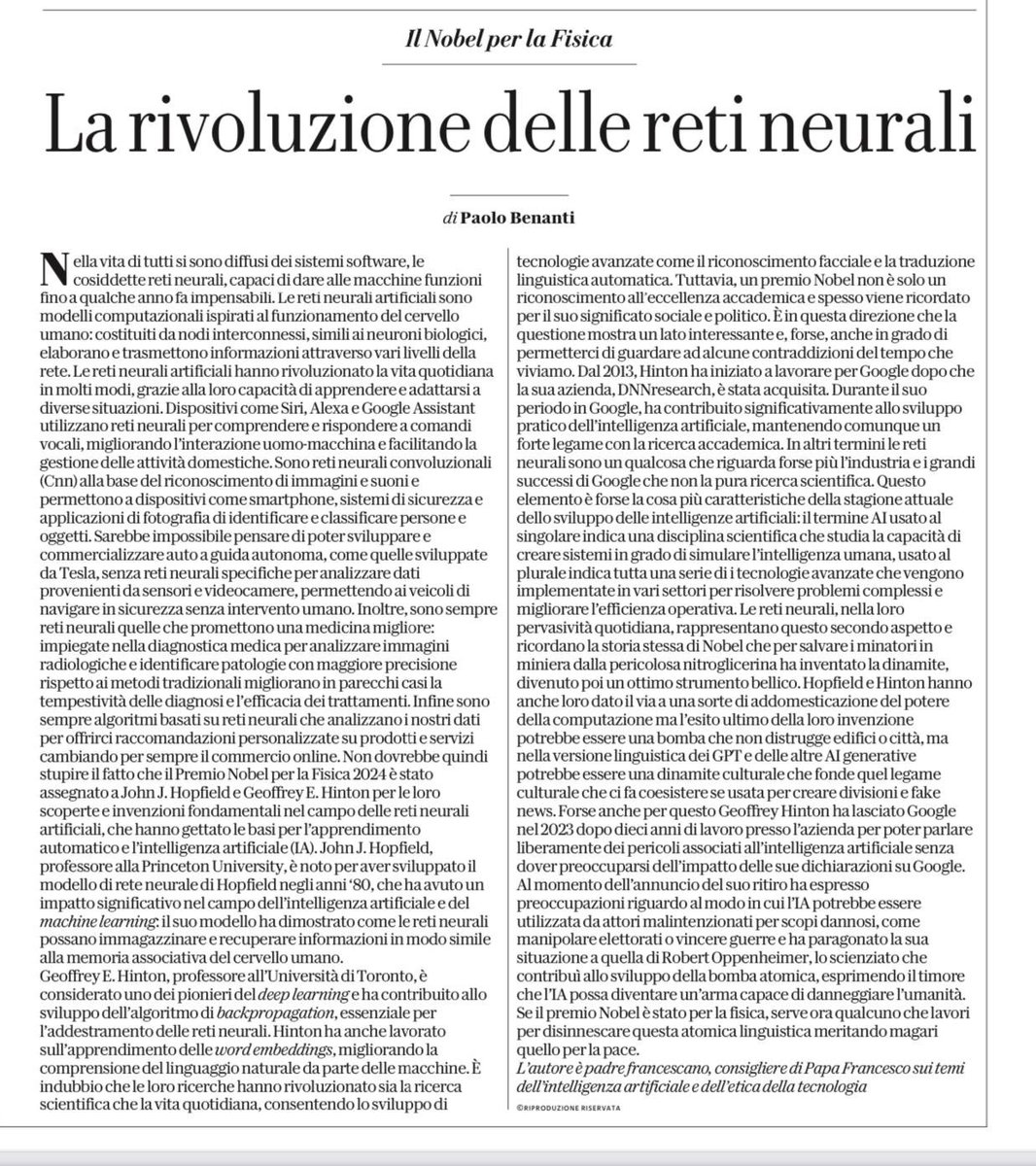 Su Repubblica di oggi una reazione su il premio Nobel per la fisica a Hopfield e Hinton. 

#ethics #etica #algorethics #algoretica