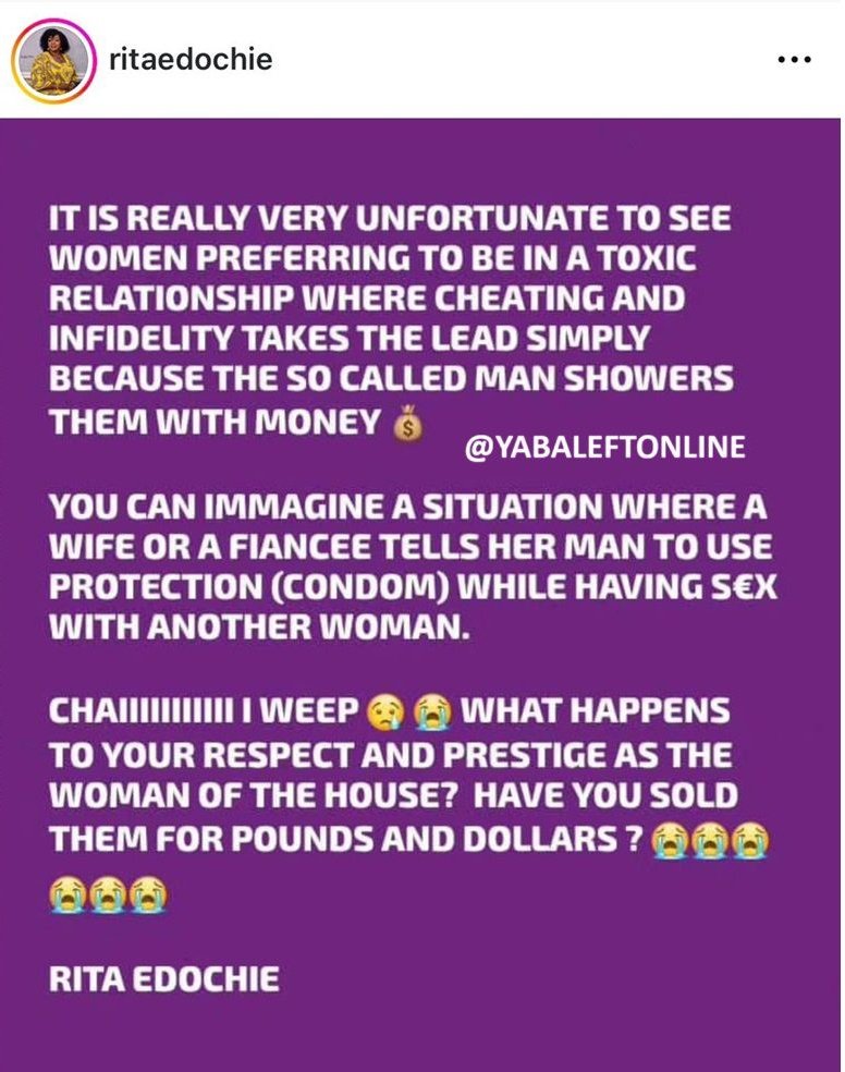 instablog9ja's tweet image. Actress Rita Edochie calls out women who stay with their ch£ating partners because of material gains