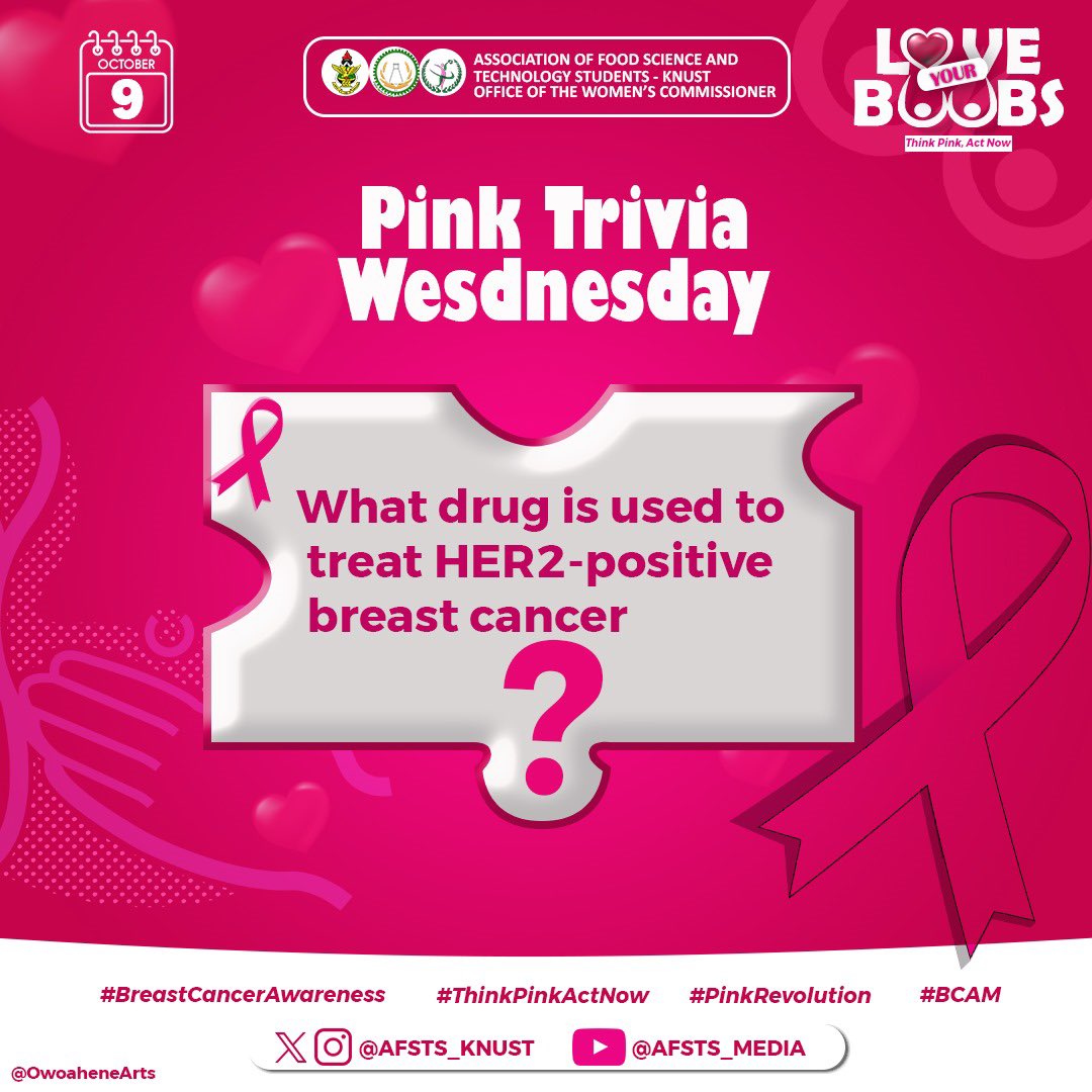 afsts_knust's tweet photo. itβs PINKY TRIVIA WEDNESDAY!π
Letβs answer a few questions about breast cancer
#ThinkPinkActNow | #BreastCancerAwareness https://t.co/vYHnLD0veg
