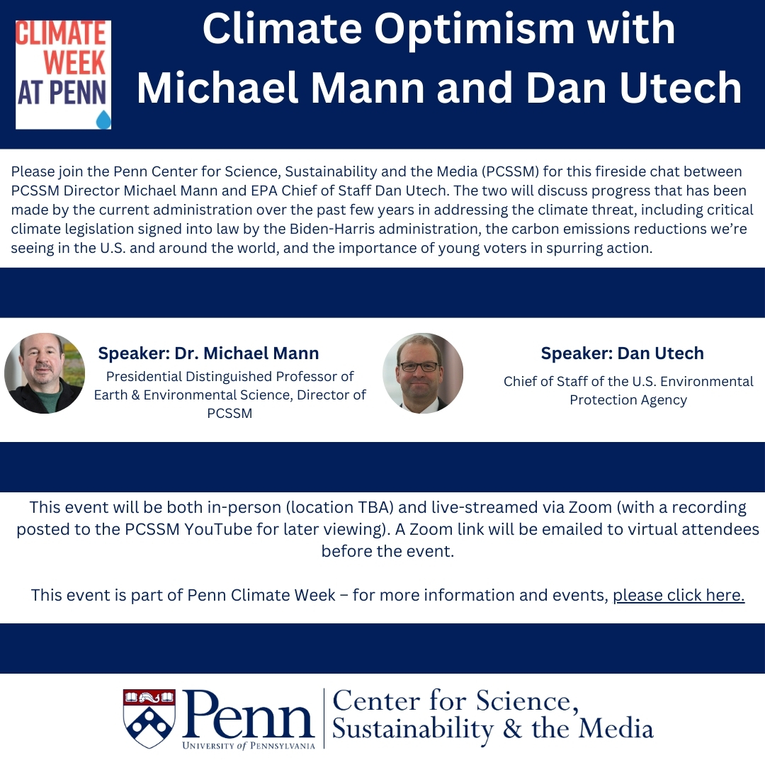 PennCSSM (@penncssm) on Twitter photo PCSSM is busy during Climate Week at Penn and we have another event on 10/17 with EPA Chief of Staff Dan Utech and <a href="/MichaelEMann/">Prof Michael E. Mann</a> on Climate Optimism. For more info and registration: web.sas.upenn.edu/pcssm/calendar…
#climatechange #upenn #philly #penncssm #pcssm PCSSM is busy during Climate Week at Penn and we have another event on 10/17 with EPA Chief of Staff Dan Utech and <a href="/MichaelEMann/">Prof Michael E. Mann</a> on Climate Optimism. For more info and registration: web.sas.upenn.edu/pcssm/calendar…
#climatechange #upenn #philly #penncssm #pcssm