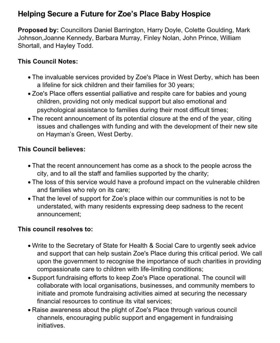 Councillors around West Derby have submitted a requisition for an emergency council meeting to discuss the future of @ZoesPlaceLiv.

We have a new protocol in place which means it might not lead to a meeting, but we hope opposition party leaders will agree to our motion and act.