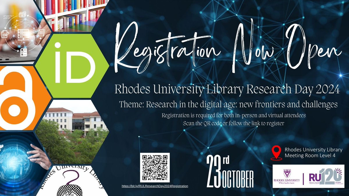 RhodesLibrary's tweet image. Exciting News! Rhodes University Research Day is just 2 weeks away!

Registrations are still OPEN – don’t miss out on this incredible opportunity to engage in research in the digital age!

🗓️ Date: 23 October 2024
📍 Venue: Rhodes University
🔗 bit.ly/RULResearchDay…