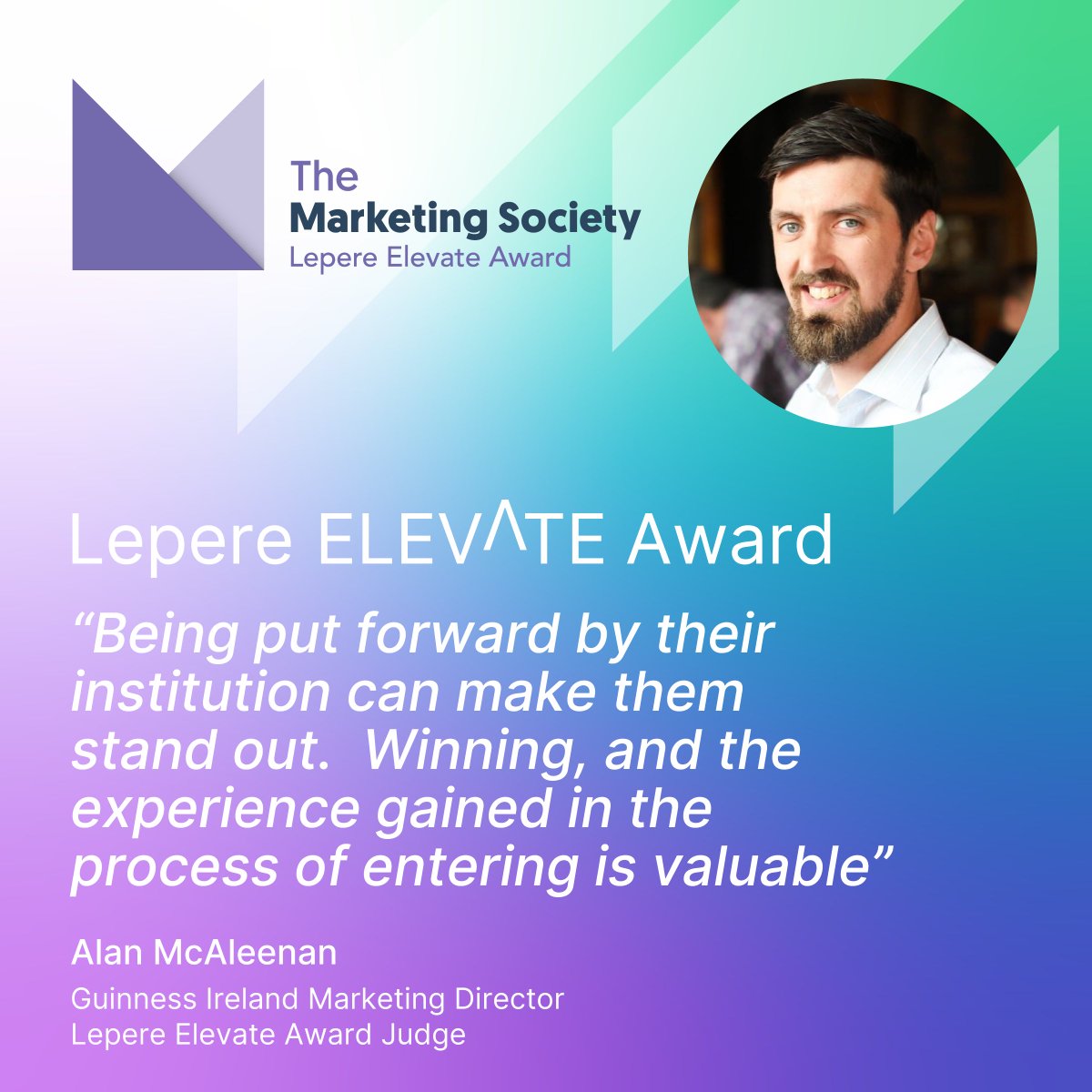Mktsociety's tweet photo. Alan McAleenan, Marketing Director at @GuinnessIreland, is one of our brilliant Lepere Elevate Award judges. 

Through the Award, marketing students are invited to showcase their talents with applied market research projects tackling real-world challenges.
https://t.co/W6Y2coLZlf https://t.co/X5lddirKaj