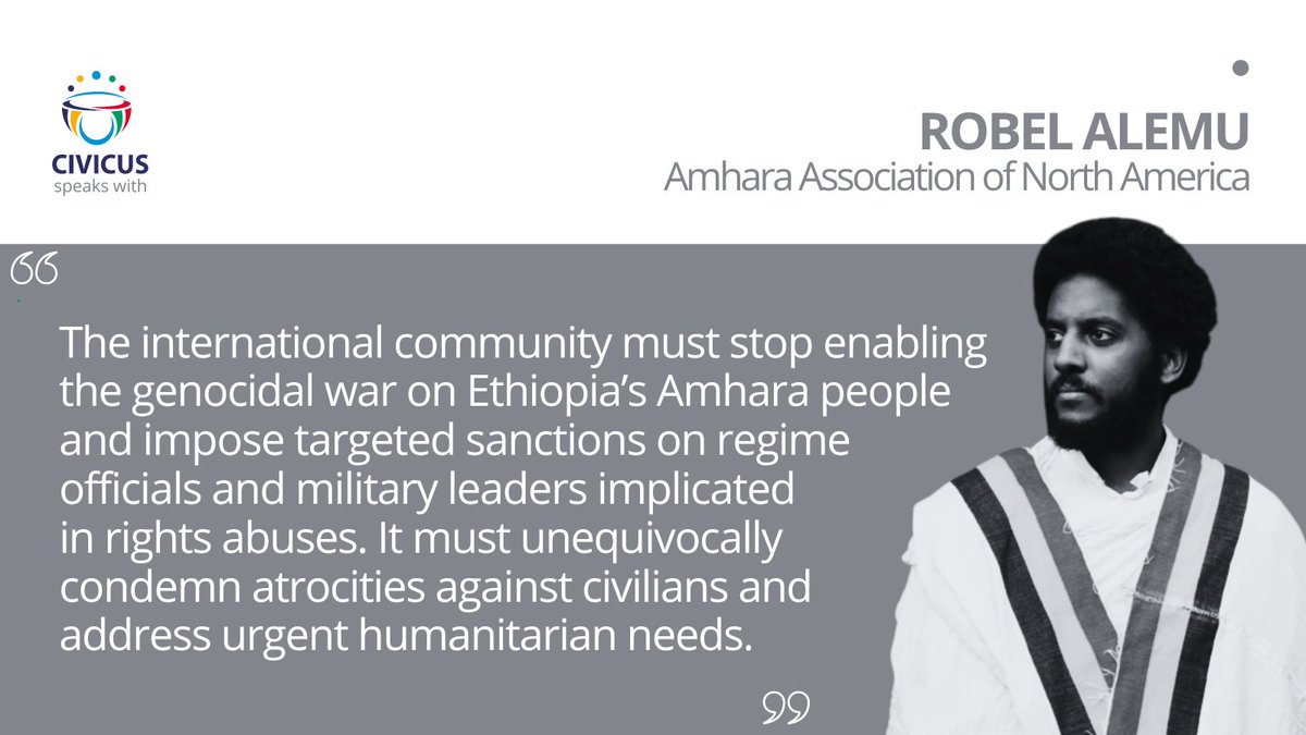 🇪🇹CIVICUS discusses conflict and human rights violations in Ethiopia’s Amhara region with Robel Alemu (<a href="/TheFitawrari/">Robel Alemu | ሮቤል ዓለሙ (PhD)</a>), Communications Director of <a href="/AAA_Amhara/">Amhara Association of America (AAA)</a>, which works to promote human rights in Ethiopia
web.civicus.org/RobelAlemu #CIVICUSLens