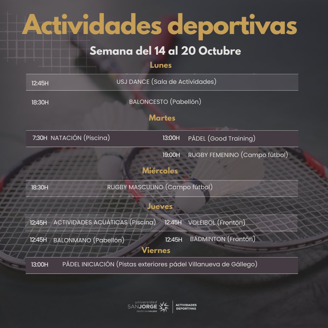 ¡Hola! Ya tenemos preparadas las actividades de la próxima semana con algunas novedades como el inicio de la sección de bádminton🏸 o clases de pádel para iniciación en el campus deportivo en Villanueva de Gállego.

<a href="/_usj_/">Universidad San Jorge</a>