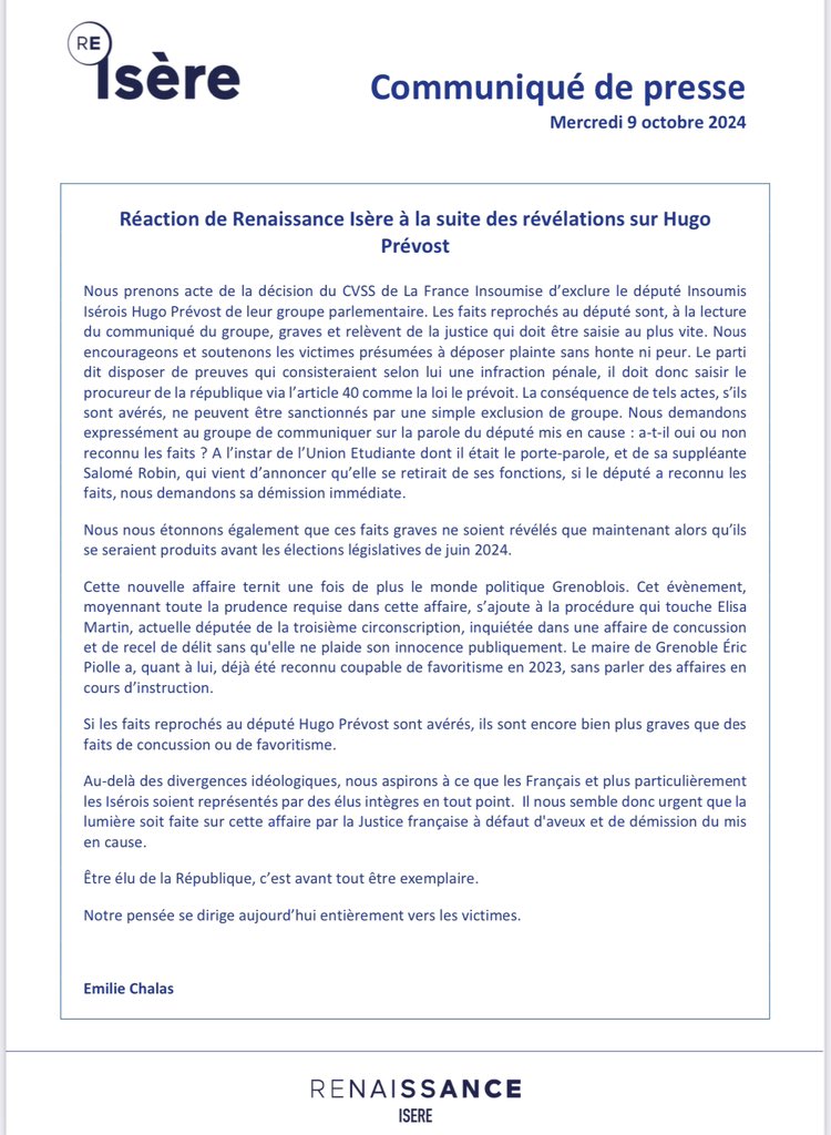 Renaissance Isère communique sur les faits qui concernent Hugo PRÉVOST.
