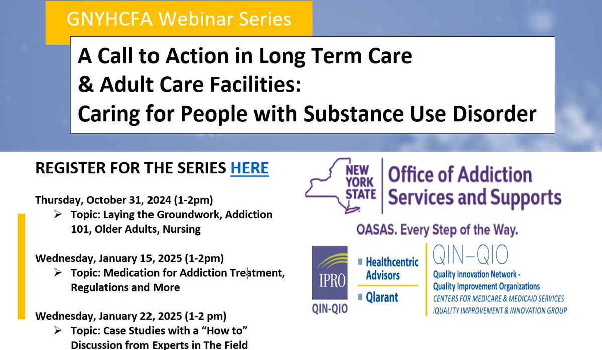 Join GNYHCFA's free webinar series on substance use disorders in nursing homes &amp; adult care facilities. Learn from experts, gain CEUs, and access a new toolkit. Improve care for residents with SUDs. 🔗 bit.ly/3YjVqQz  #NursingHomes #SubstanceUseDisorders