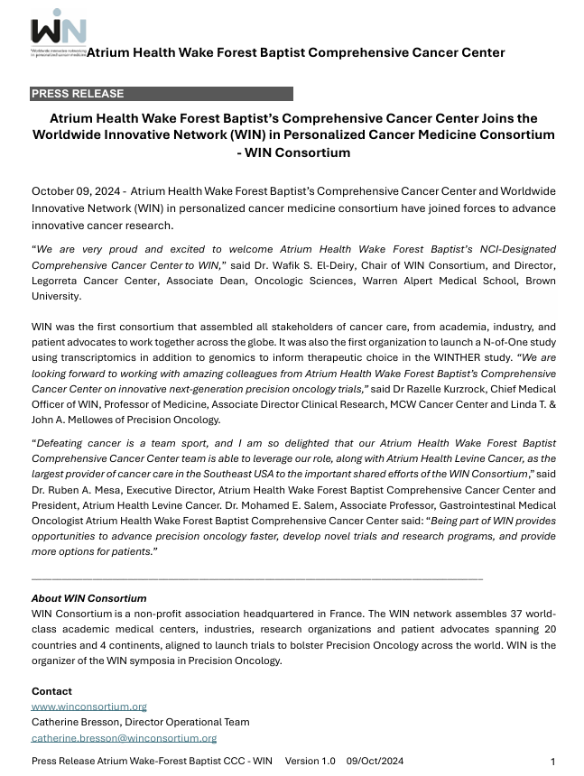 WIN_Consortium's tweet photo. @theNCI-designated @AtriumHealthWFB joins @WIN_Consortium “Defeating cancer is a team sport" @mpdrc Dr. Ruben A. Mesa, Executive Director @AtriumHealthWFB. “We are proud and excited to welcome @AtriumHealthWFB” @weldeiry @Dr_R_Kurzrock #altriumhealth #PrecisionOncology #cancer https://t.co/Cf8RNWekik