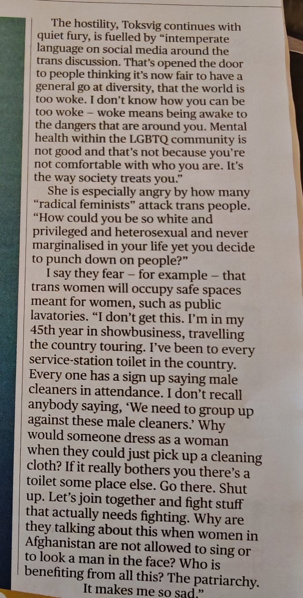 Feminist and lesbian icon Sandi Toksvig is once again undergoing harassment from "Gender Criticals".

Toksvig outlined the absurdity of the trans bathroom panic and criticised self-proclaimed "feminists" for prioritising their hatred for trans ppl over real women's rights issues.