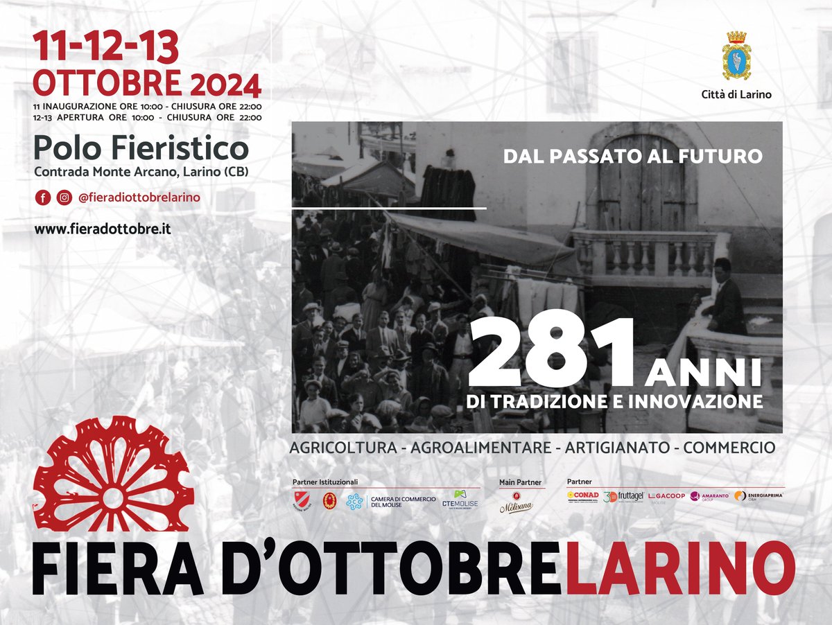 We are pleased to announce our partnership for the 281st edition of the #FieradOttobre in #Larino!

Once again, the event will be an opportunity to discover the latest innovations in the #agricultural, #agroindustrial, and #agri-food sectors.

#dontmissit #savethedate