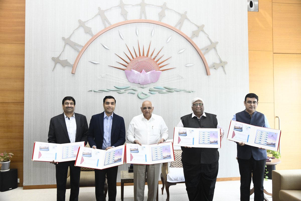 gautam_adani's tweet photo. Thank you, Hon'ble @CMOGuj Bhupendrabhai Patel, for releasing a commemorative stamp to celebrate 25 years of Mundra Port. Its journey from a tiny jetty in 1998 to one of the world's leading ports today has not been without its challenges. Mundra Port's growth symbolises our partnership of trust with Gujarat and its people. 🙏