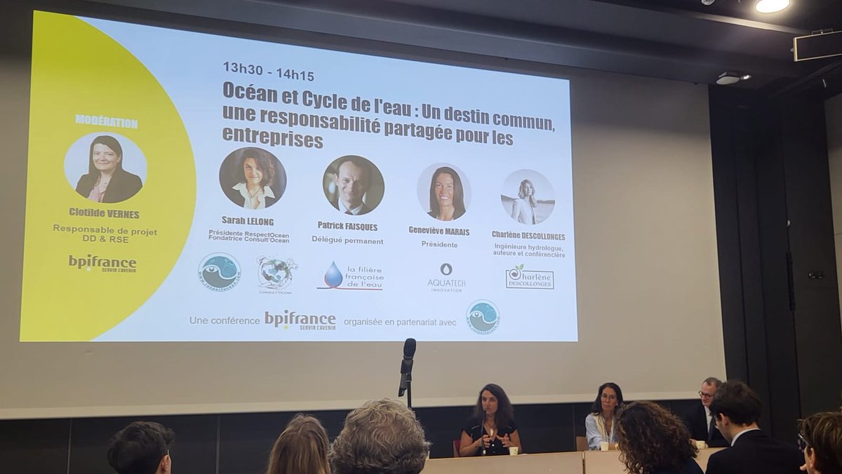 📢🌊#EnDirect Intervention de notre Présidente Sarah Lelong, lors de la conférence "Océan et cycle de l'eau : un destin commun, une responsabilité partagée pour les entreprises" organisée par <a href="/Bpifrance/">Bpifrance</a> à <a href="/PRODURABLE/">Salon PRODURABLE</a> ce jour.