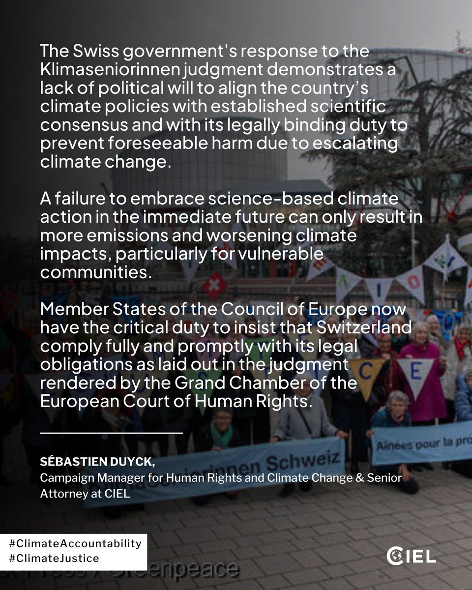 ⚖️ 🌐 𝐂𝐥𝐢𝐦𝐚𝐭𝐞 𝐥𝐢𝐭𝐢𝐠𝐚𝐭𝐢𝐨𝐧 𝐮𝐩𝐝𝐚𝐭𝐞: 🇨🇭Switzerland's plan of action with regards to its execution of the groundbreaking hashtag#KlimaSeniorinnen judgment by the 🇪🇺 ⚖️ European Court of Human Rights was made public today.
🧵A short thread on stakes and process👇