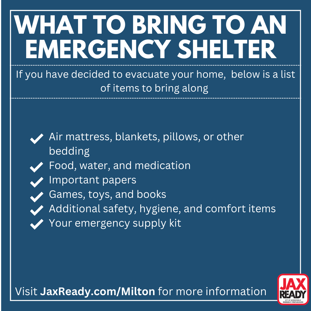 JaxReady's tweet photo. Six Emergency Shelters opened this morning at 8:00 a.m. If you need a safe space to take refuge from Milton, please visit one of the following locations:
🔹Arlington Middle School - (8141 Lone Star Rd), open for general population.
🔹Atlantic Coast High School (9735 R. G. Skinner Parkway), open for Special Medical Needs, pet friendly.
🔹Chaffee Trail Elementary (11400 Sam Caruso Way), open General population.
🔹Landmark Middle School ( 101 Kernan Blvd. N), open for General population, pet friendly.
🔹LaVilla (501 N. Davis St), open for General population.
🔹The Legends Center - (5130 Soutel Dr.), open for general population and special medical needs, and pet -friendly.

For additional information, visit https://t.co/TcTEWb4Stp.