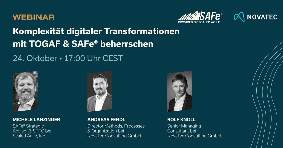 ScaledAgile's tweet image. Erfahre in unserem Webinar mit NovaTec GmbH, wie du SAFe® und TOGAF optimal kombinierst und so deine digitale Reise erfolgreich gestaltest.

Melde dich jetzt an: ow.ly/3wso50THHAx

#SAFe #ScaledAgile #TOGAF