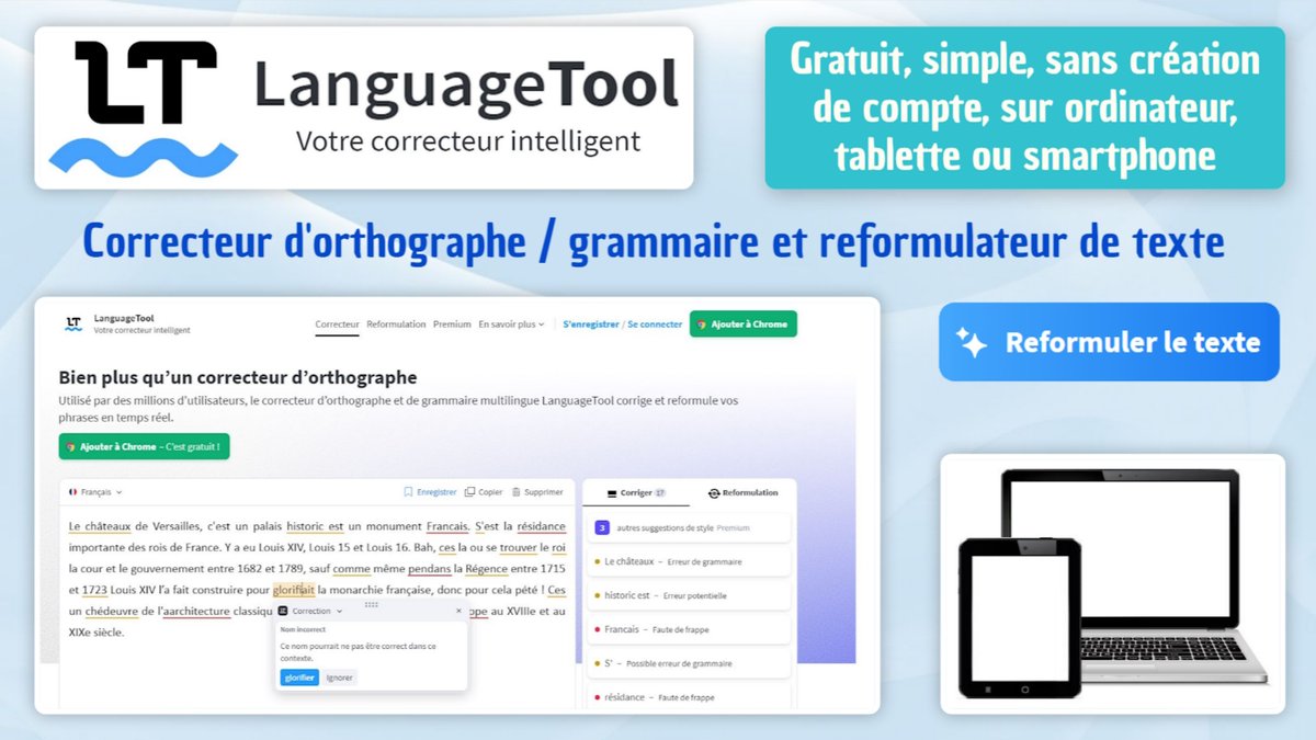 Tutoriel de Languagetool.org : correcteur d'orthographe et grammaire, mais aussi reformulateur de texte (IA). Simple, gratuit, sans compte. Tuto YT youtu.be/oYT01SJu6a4 et Tuto PodEduc urlr.me/89PDL. Aide pour nos élèves 🙂