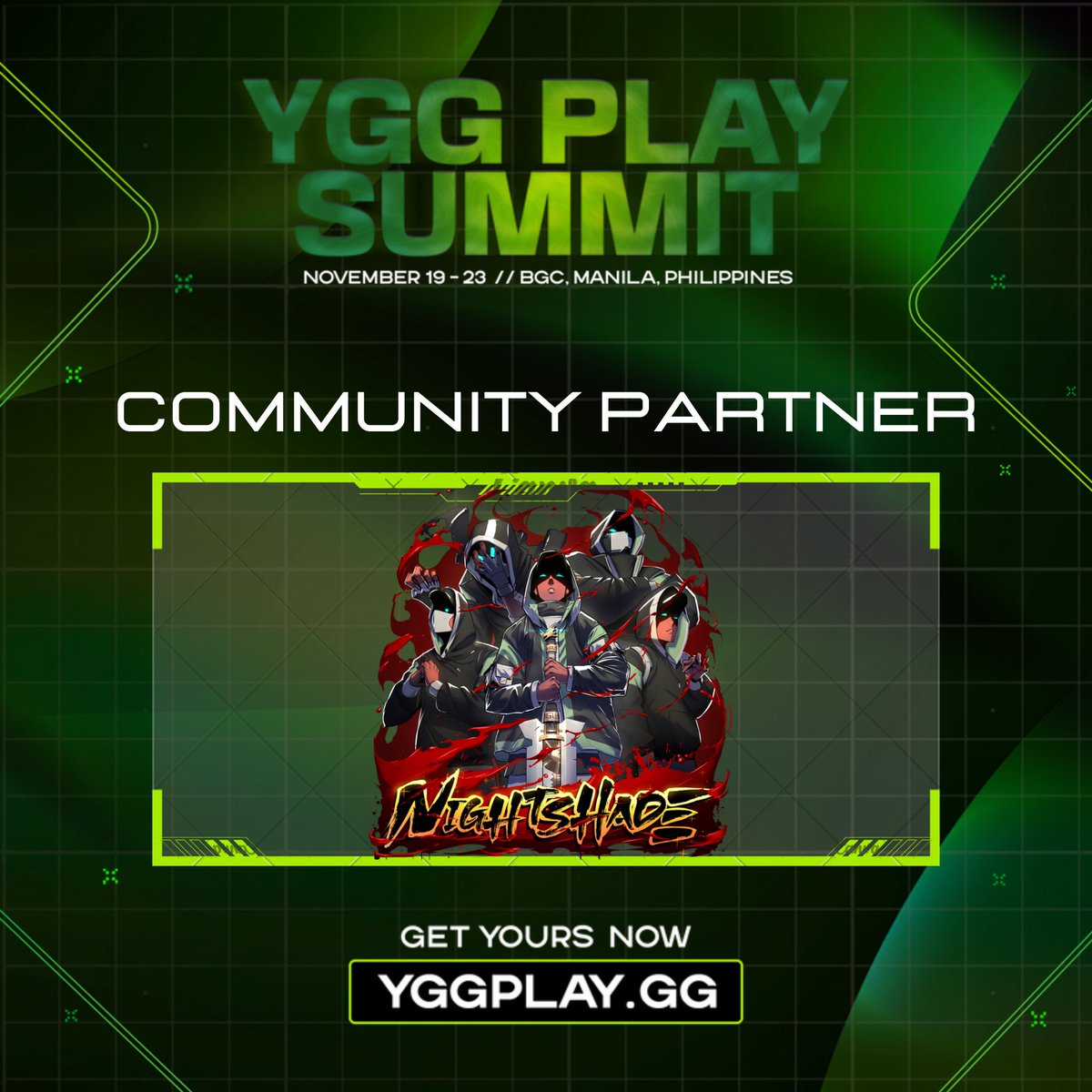Nightshade's ready to PLAY! 🔥

Join us at the BIGGEST web3 gaming event of the year-#YGGPlaySummit! 🎮

Happening on November 19-23, 2024 at SMX Aura, BGC, Manila

Tickets at yggplay.gg 
Use code: [NIGHTSHADE20] for a 20% discount!
#YPS2024 #TogetherWePlay #LFP