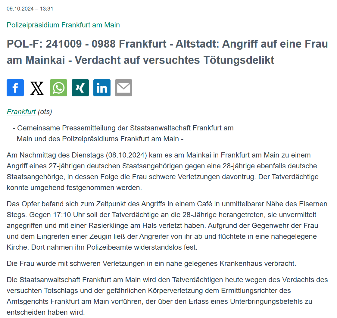 Polizei_Ffm's tweet photo. #Frankfurt #Altstadt

Dienstagnachmittag verletzte ein 27-Jähriger eine 28-Jährige in einem Café am #Mainkai unvermittelt mit einer Rasierklinge am Hals. Der Tatverdächtige wurde umgehend festgenommen.

PM: https://t.co/fJGiW8sb0w https://t.co/1ZA98lH6Vy