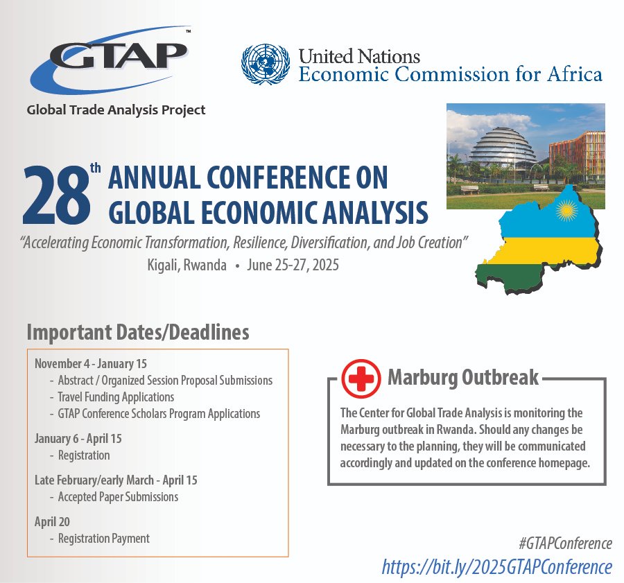 GTAP_Purdue's tweet image. #GTAP is excited to be partnering with the UN Economic Commission for Africa (@ECA_OFFICIAL) to host next year&apos;s #GTAPConference in #Kigali #Rwanda. 🇷🇼

bit.ly/2025GTAPConfer…