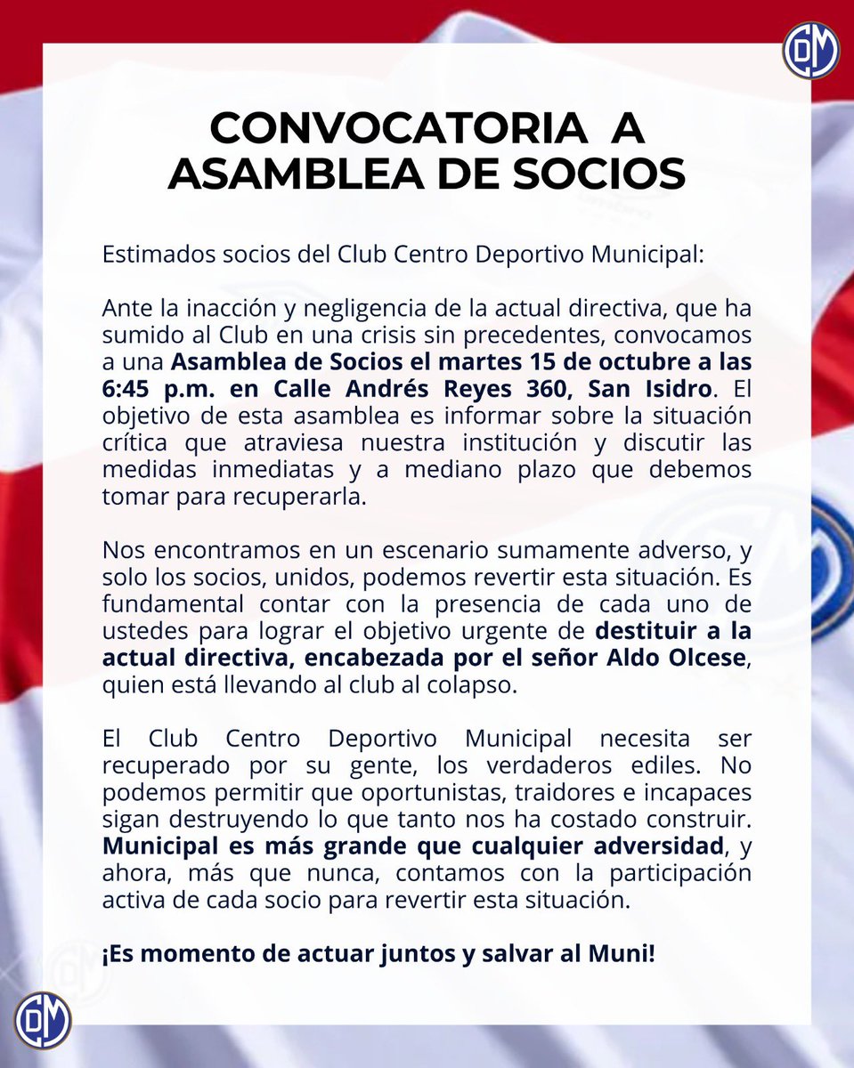 Comunicado de los socios del Club Centro Deportivo Municipal.