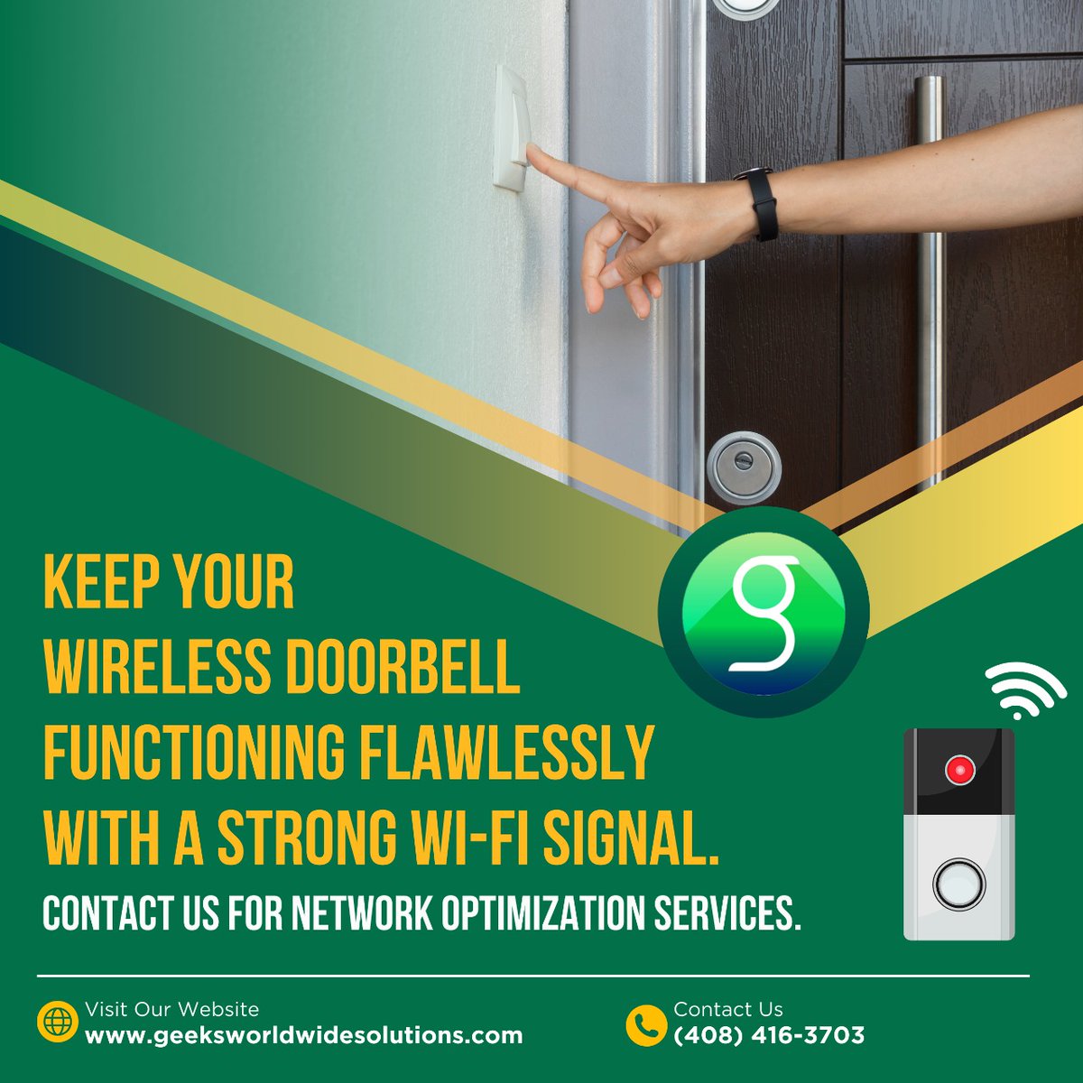 geek__solutions's tweet image. Keep your wireless doorbell running smoothly with a strong Wi-Fi signal!
Contact us for top-notch network optimization services. 
(408) 416-3703
#StayConnected #TechSuppor #WiFiSignal #WirelessDoorbell