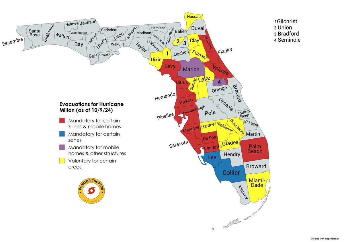 FloridaTropics1's tweet photo. Latest evacuation map by county as of 8:30 AM October 9. #Milton https://t.co/fuyJTK5y3a